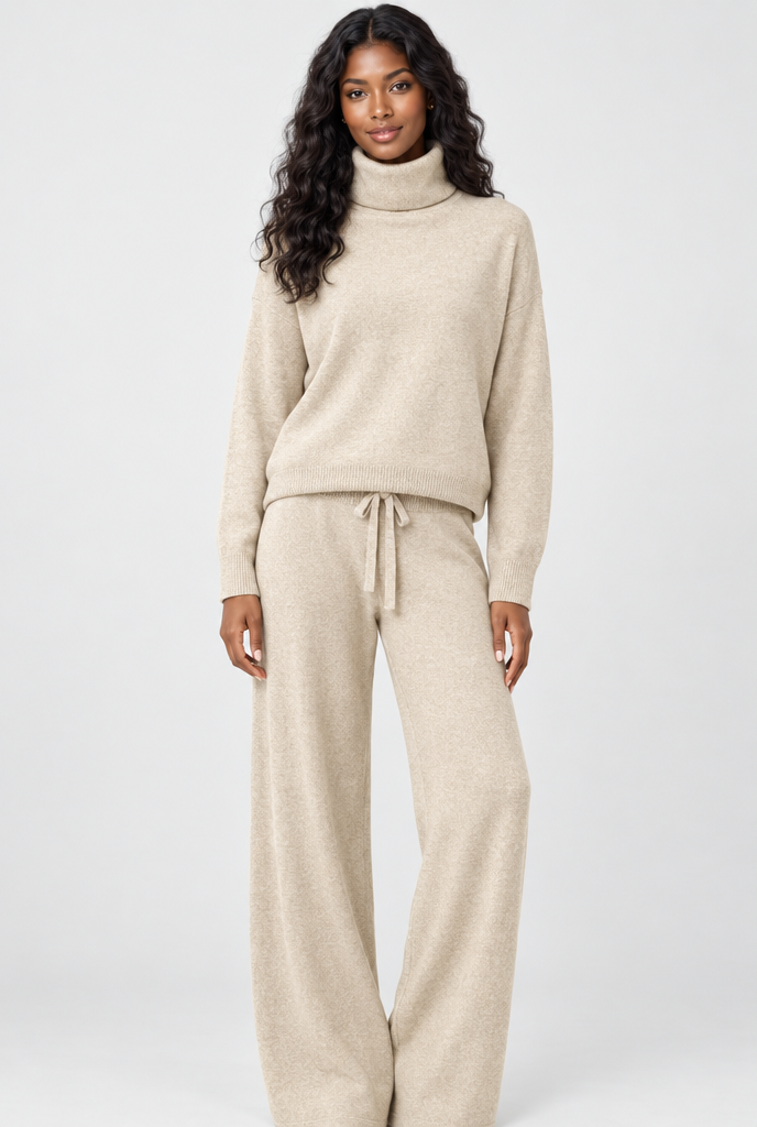Oatmeal turtleneck knit wide-leg set, studio hero