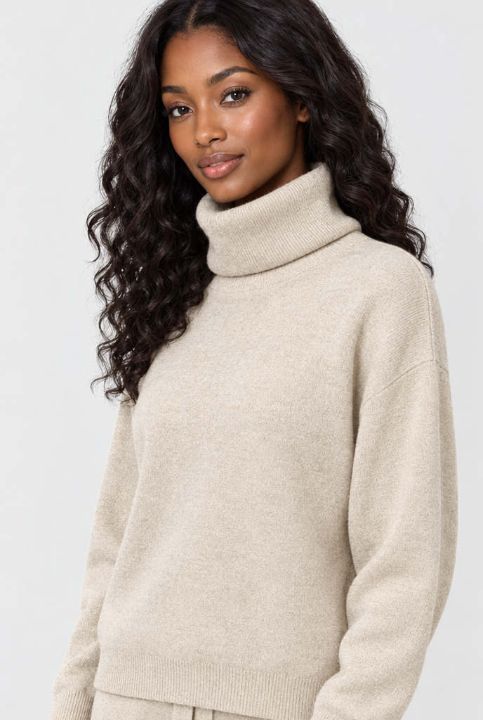 Ensemble pull col roulé et pantalon large en maille — Flocon d’avoine — détail du col