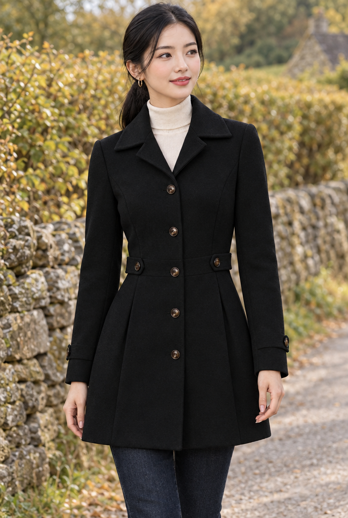 Manteau droit effet laine à patte de taille — Noir — en situation