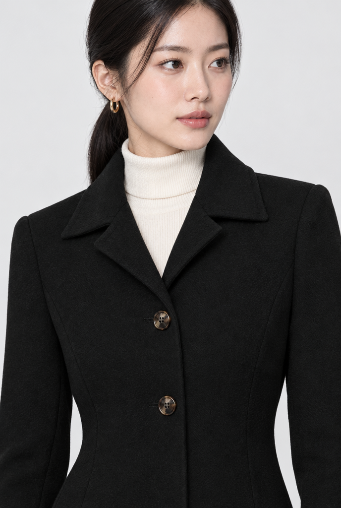 Manteau droit effet laine à patte de taille — Noir — détail du col