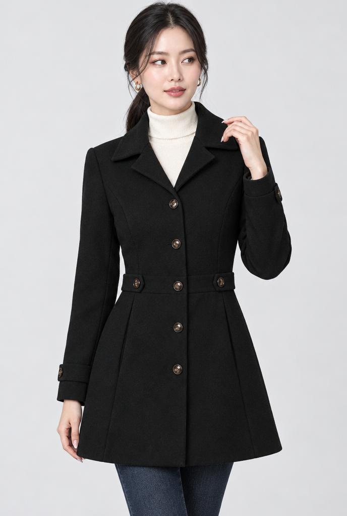Manteau droit effet laine à patte de taille — Noir — photo principale