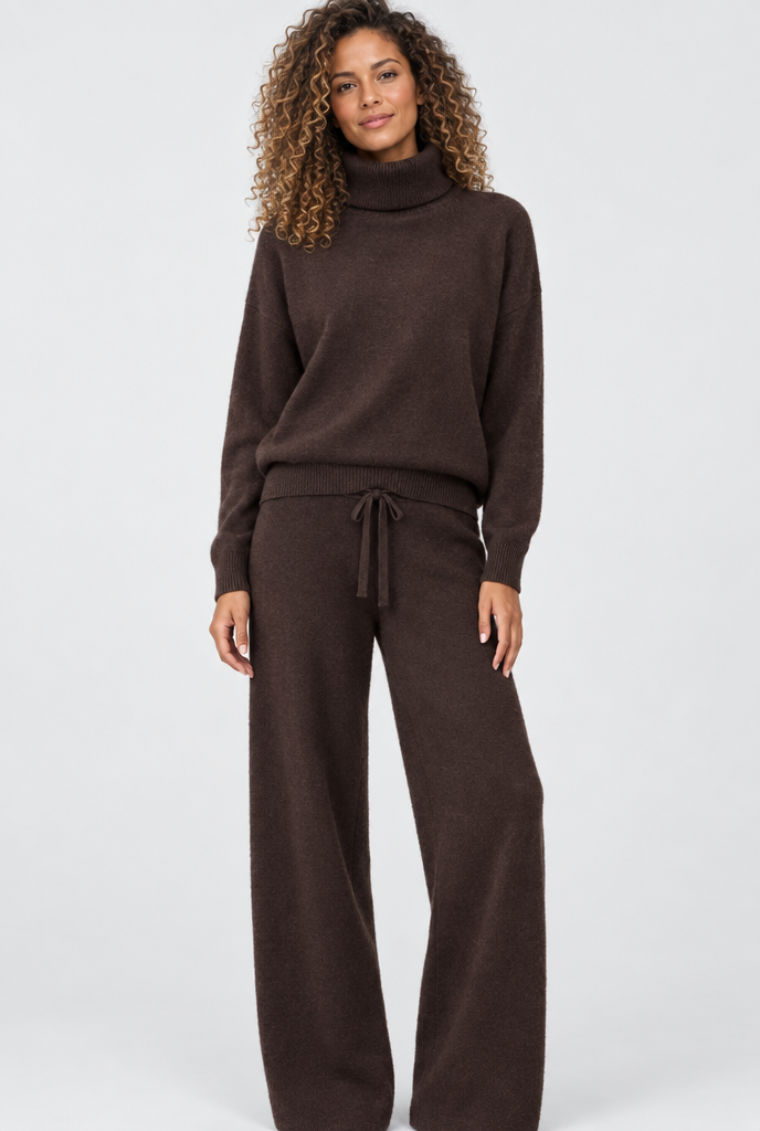 Ensemble pull col roulé et pantalon large en maille — Chocolat — photo studio