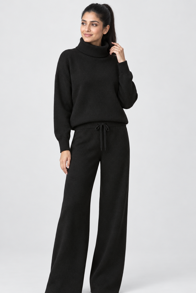 Black turtleneck knit wide-leg set, studio hero