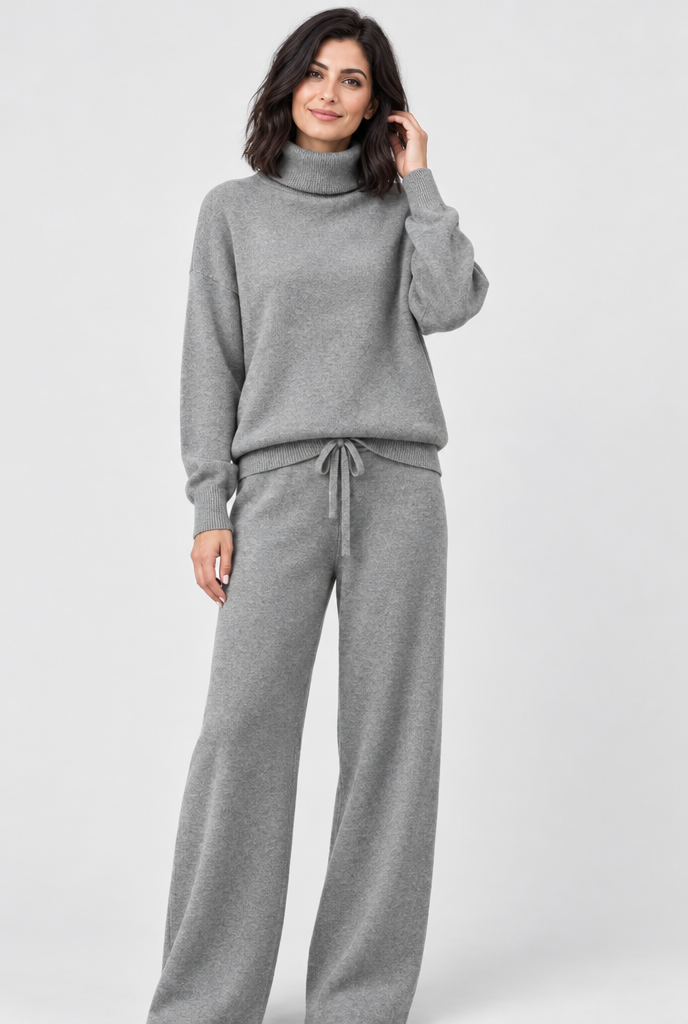 Ensemble pull col roulé et pantalon large en maille — Gris chiné clair — photo studio