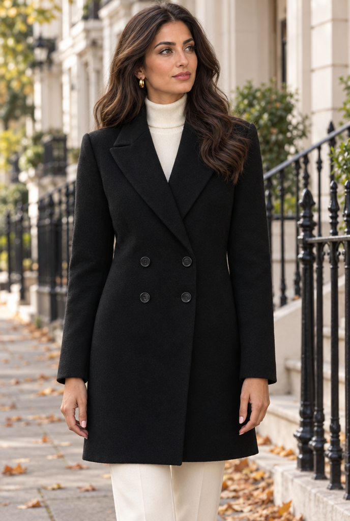 Manteau croisé ajusté effet laine — Noir — en situation