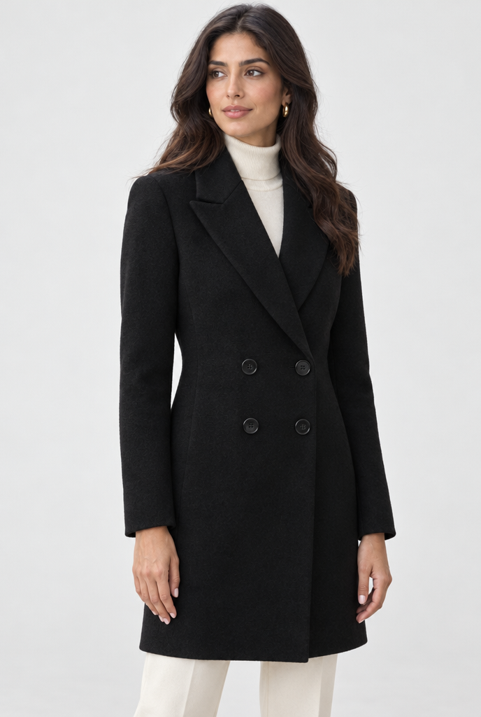 Black double-breasted coat, hero