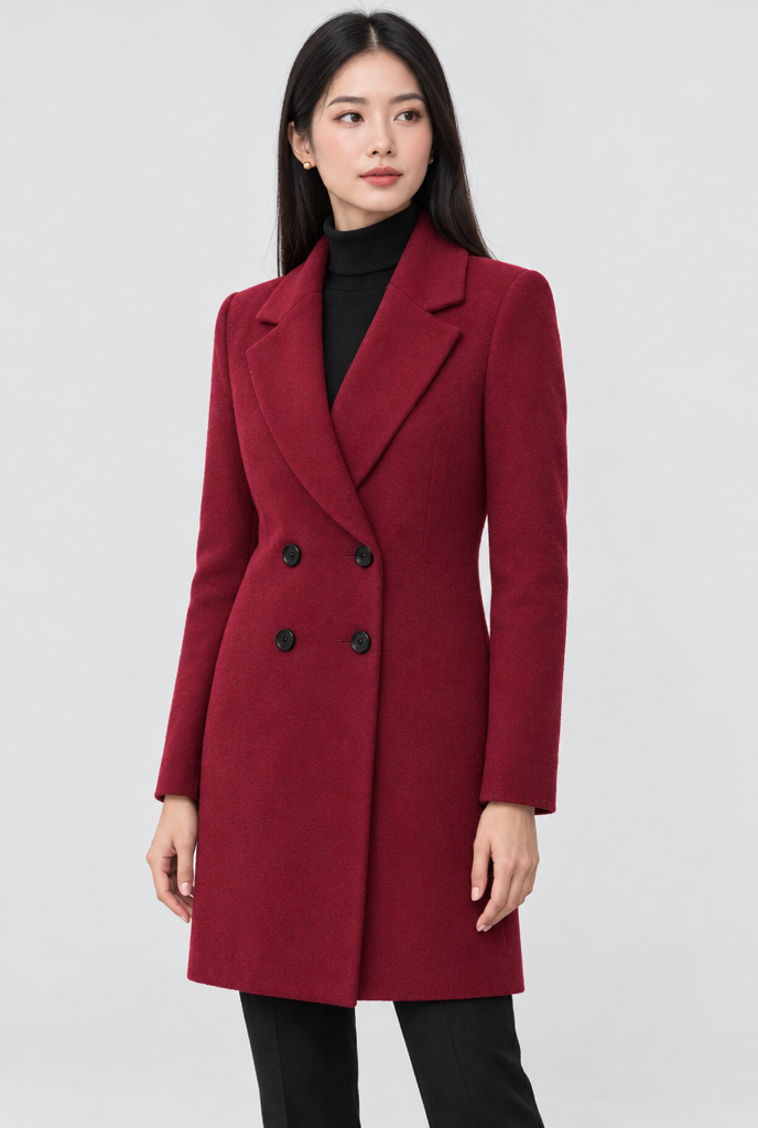 Burgundy double-breasted coat, hero