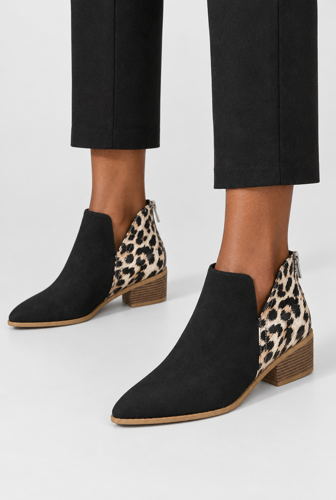 Bottines bout pointu à talon bloc et empiècement léopard — Noir