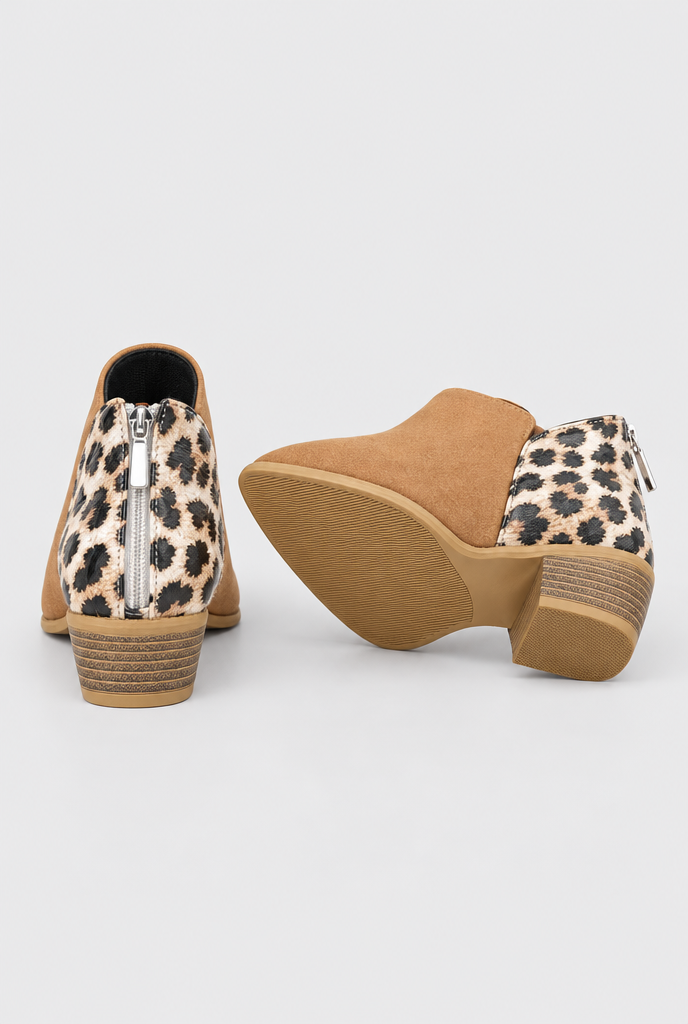 Camel leopard-panel pointed toe ankle booties, back zip and sole