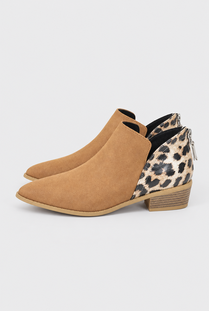 Bottines bout pointu à talon bloc et empiècement léopard — Camel — packshot