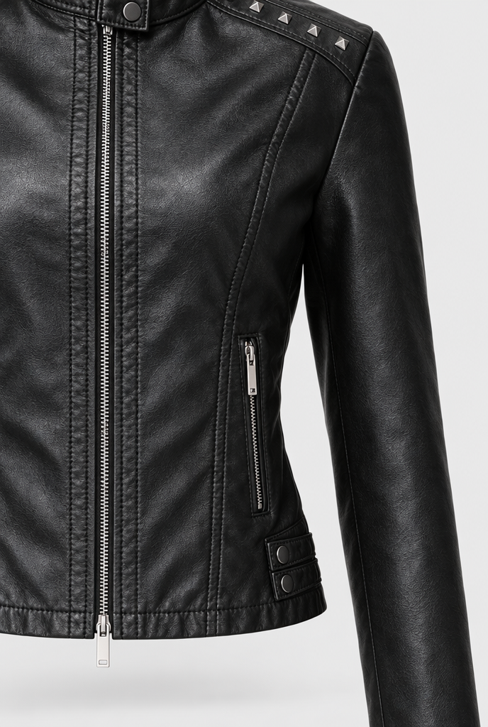 Blouson motard clouté col montant en simili cuir — Noir — détail