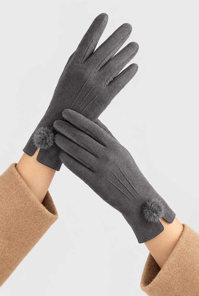 Charcoal Pom-Pom faux suede gloves, worn
