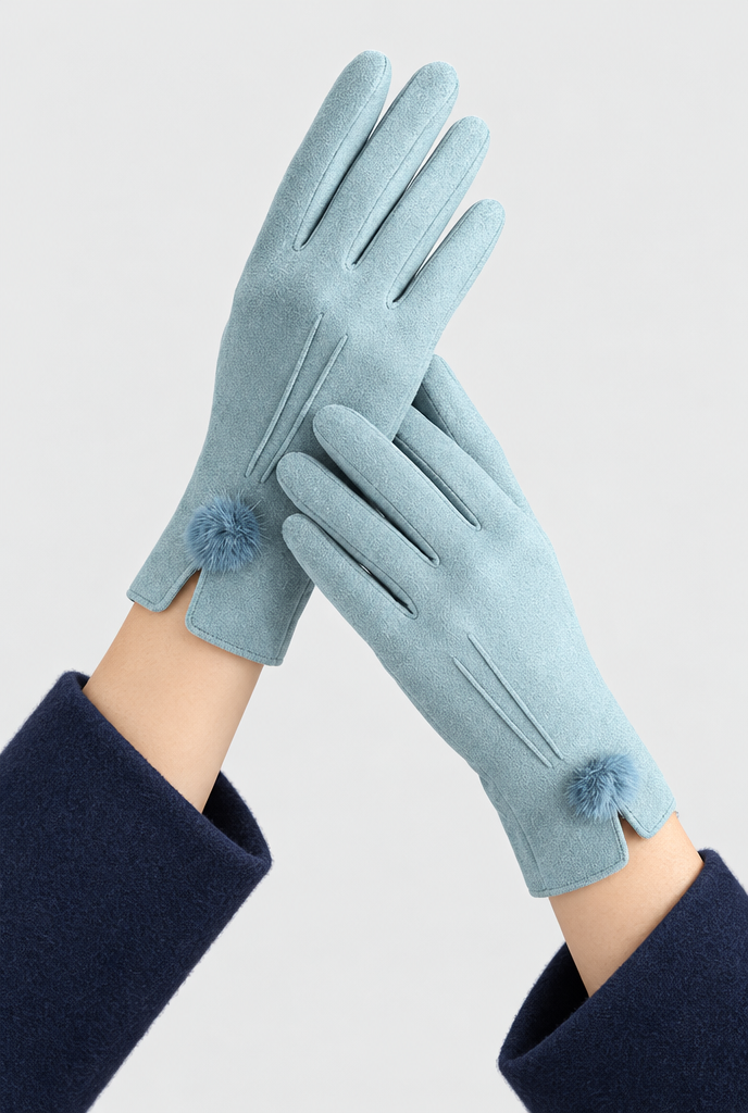 Ice Blue Pom-Pom faux suede gloves, worn