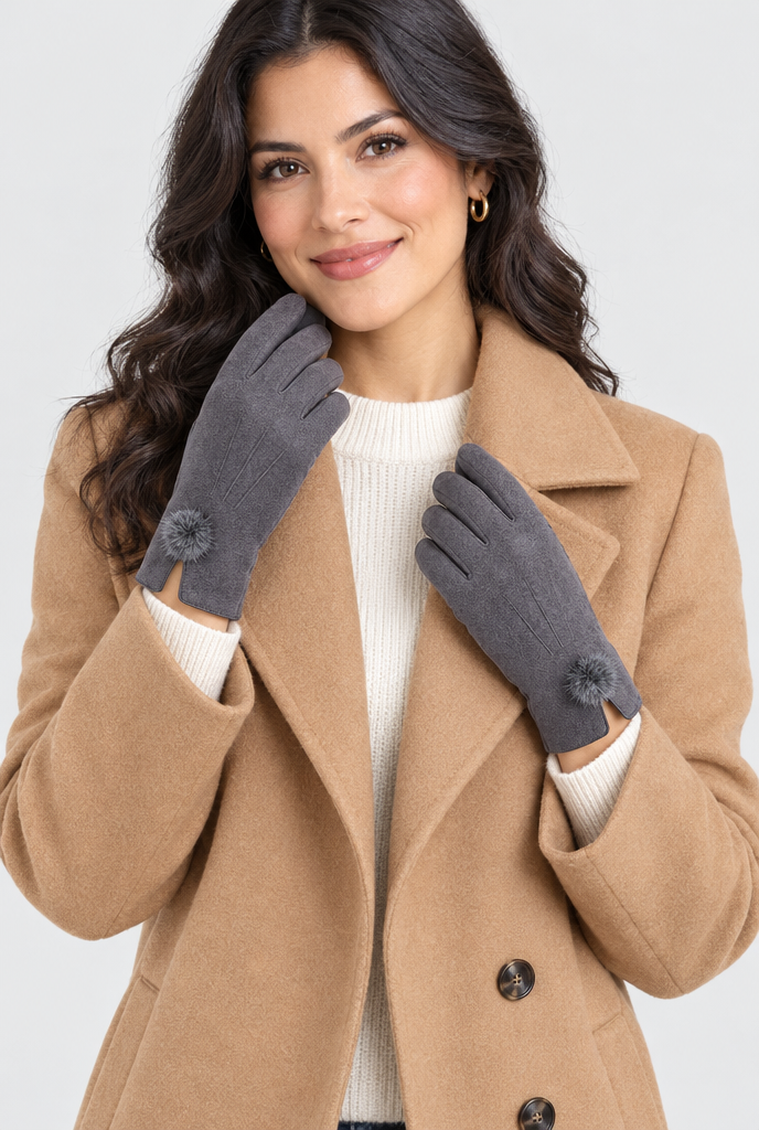 Charcoal Pom-Pom faux suede gloves, worn with coat