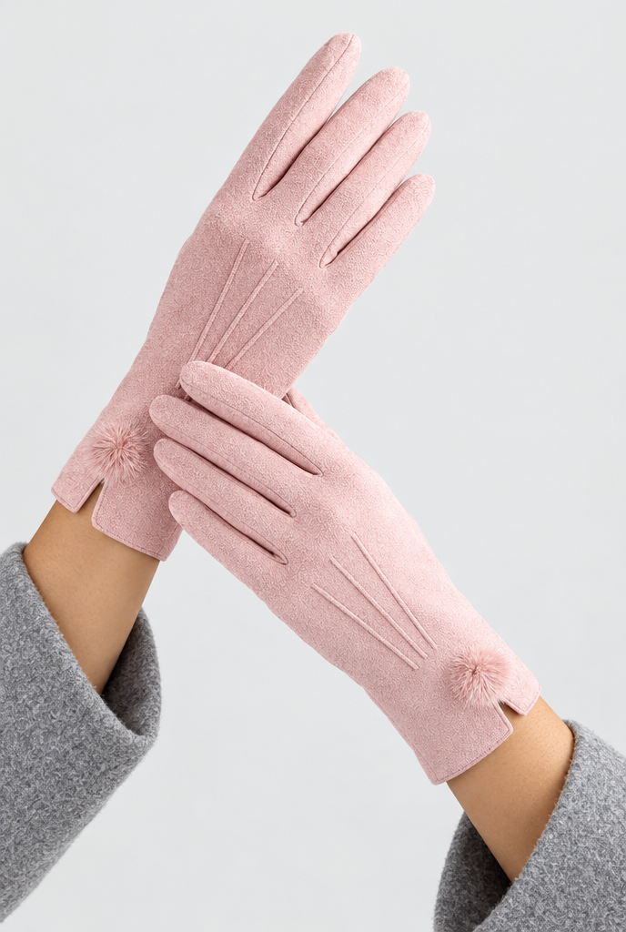 Blush Pom-Pom faux suede gloves, worn