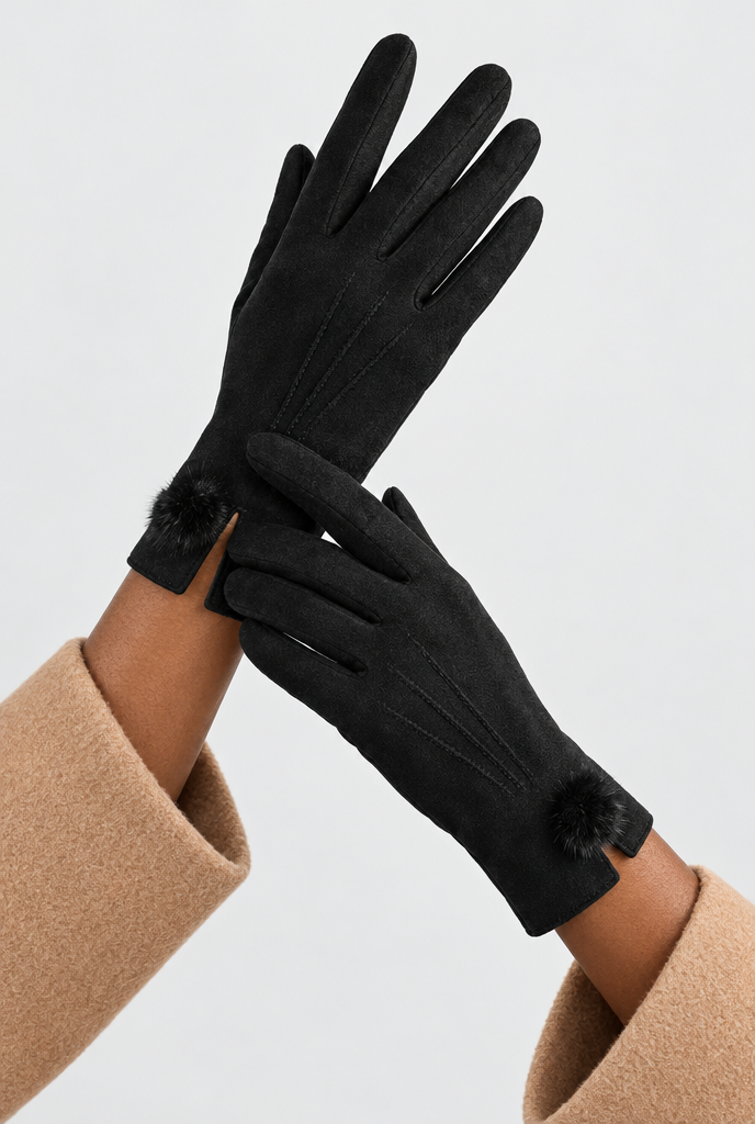 Black Pom-Pom faux suede gloves, worn