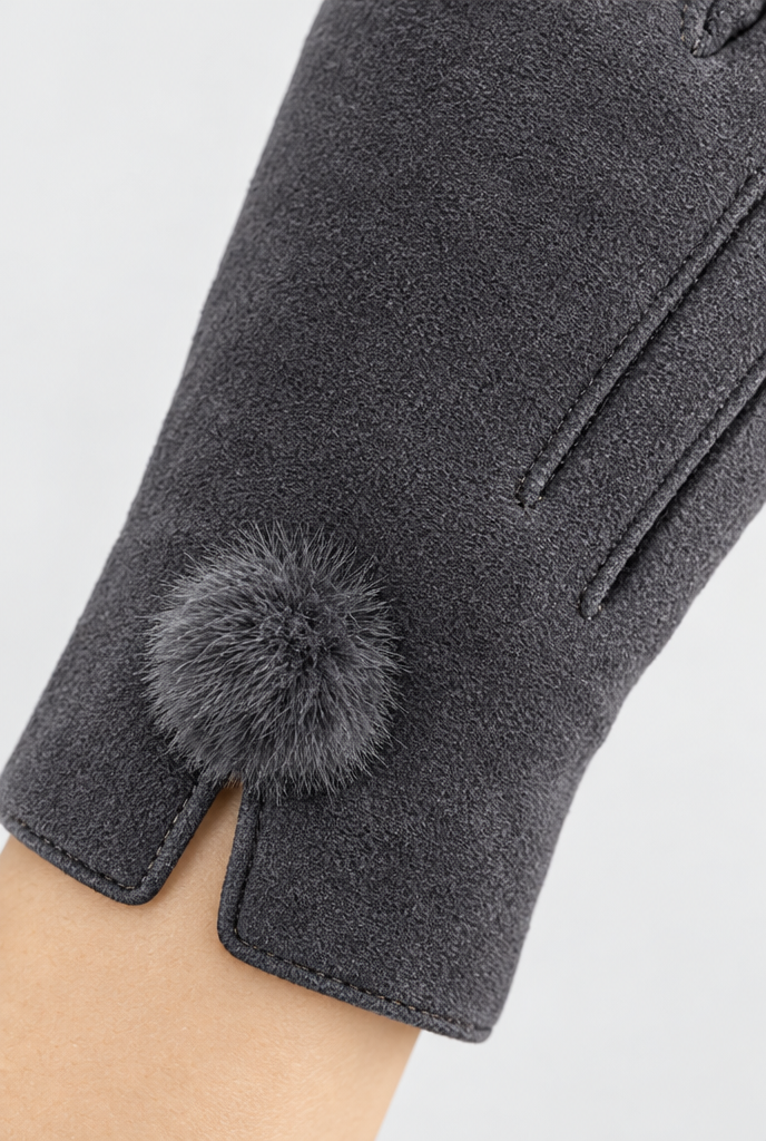 Gants d'hiver en suédine à pompon ou revers peluche — Anthracite pompon — détail