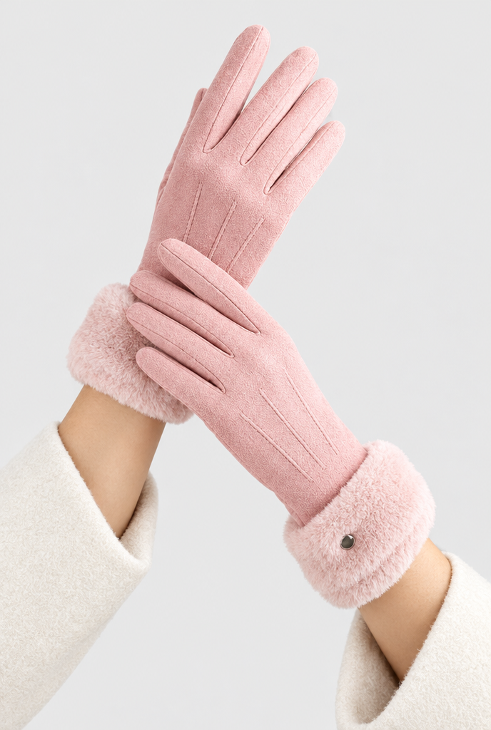 Blush Plush Cuff faux suede gloves, worn