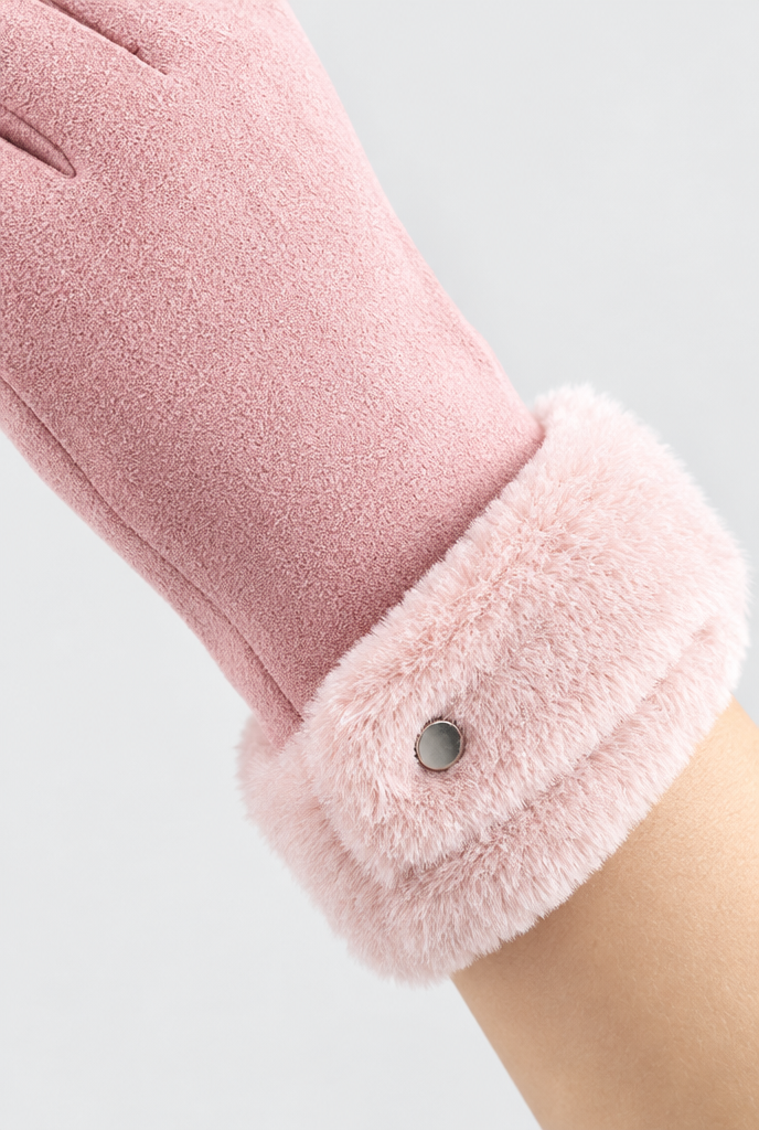 Gants d'hiver en suédine à pompon ou revers peluche — Rose revers peluche — détail