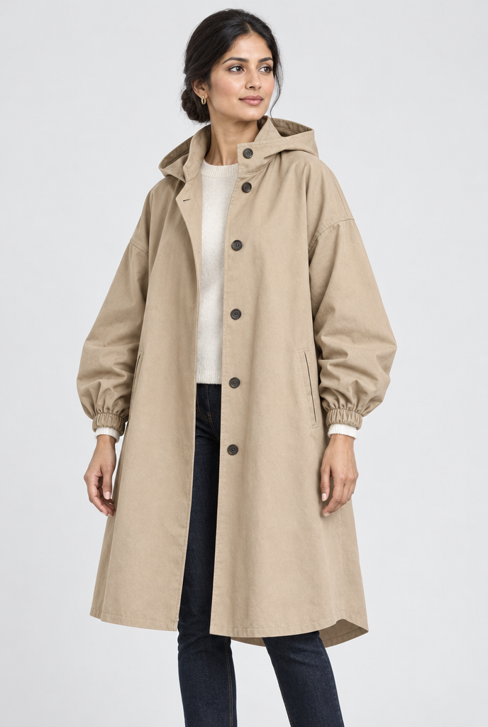 Manteau utilitaire oversize boutonné à capuche — Sable — photo studio