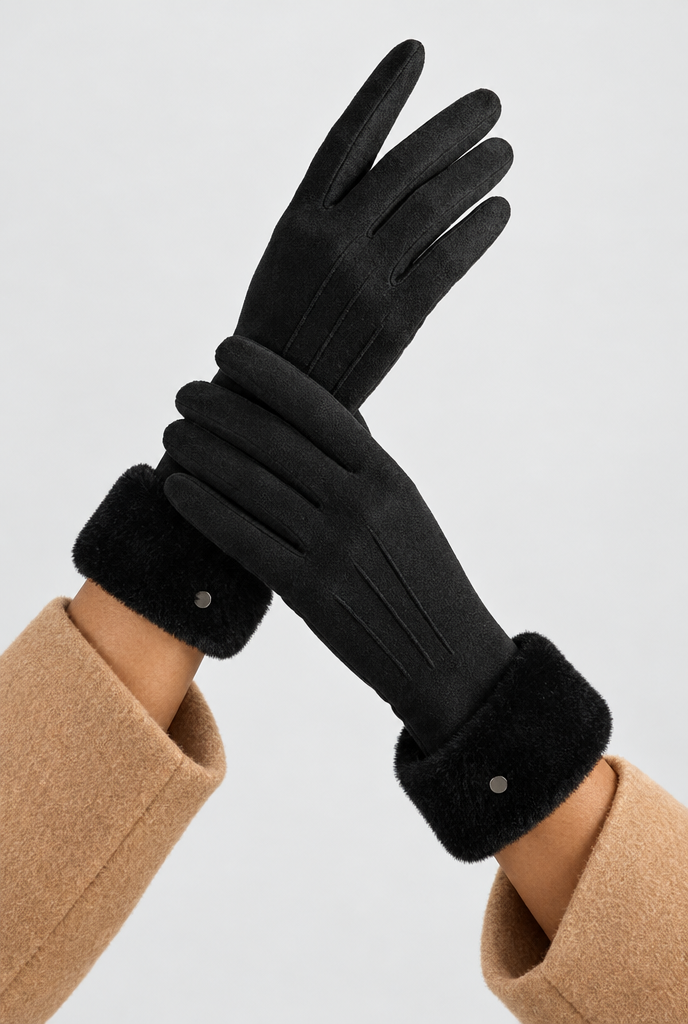 Black Plush Cuff faux suede gloves, worn