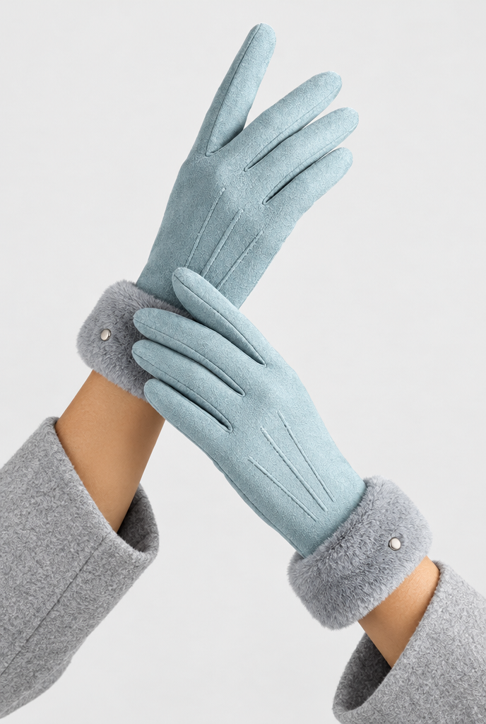 Gants d'hiver en suédine à pompon ou revers peluche — Bleu glacier revers peluche