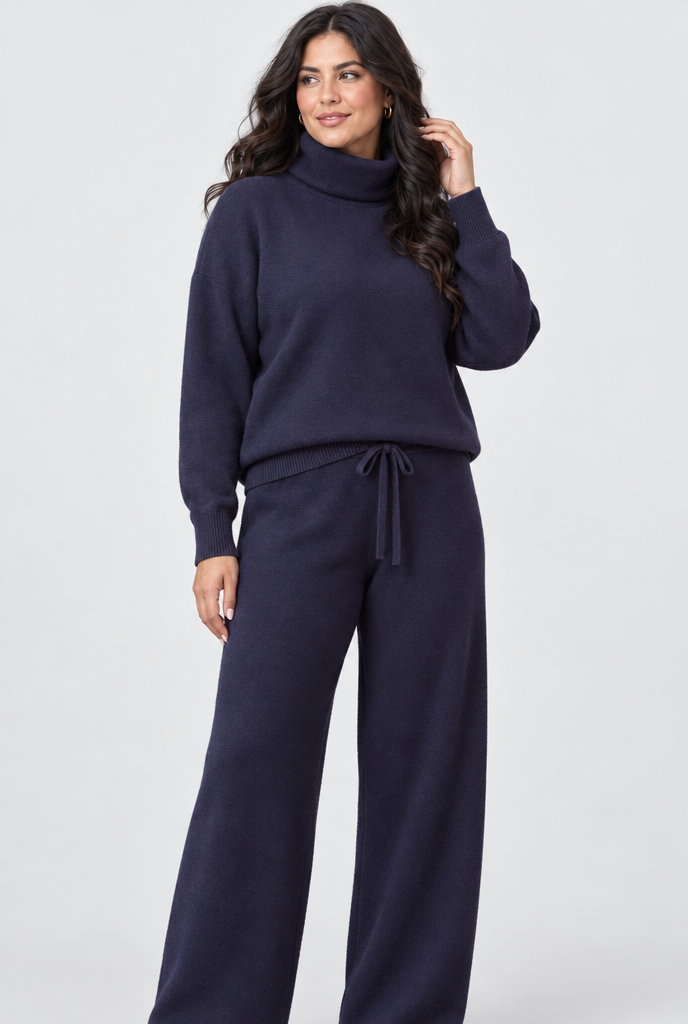 Navy turtleneck knit wide-leg set, studio hero
