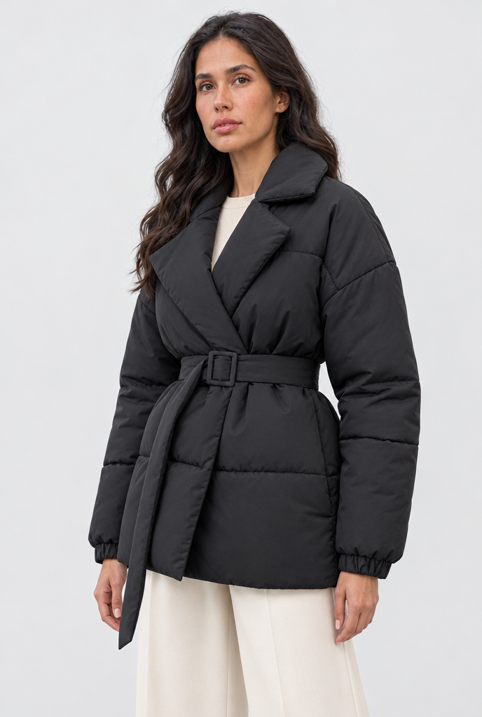 Black belted wrap puffer jacket, studio hero