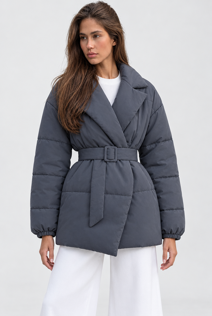 Slate Grey belted wrap puffer jacket, studio hero