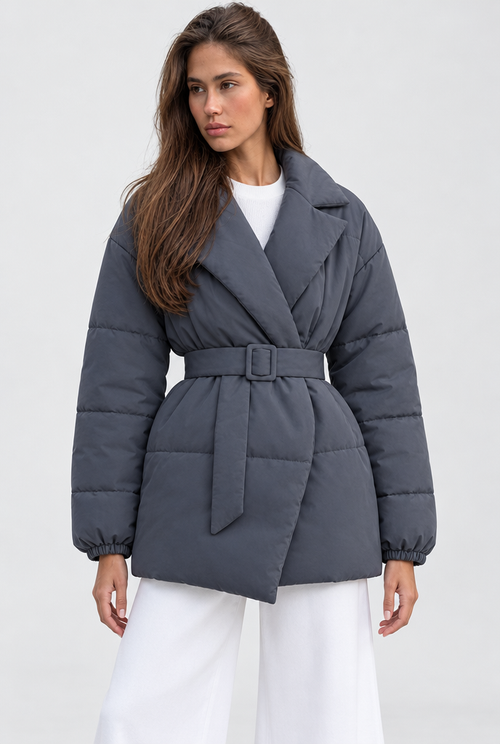 Slate Grey belted wrap puffer jacket, studio hero