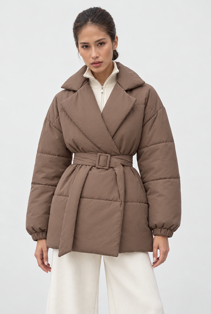 Mocha belted wrap puffer jacket, studio hero