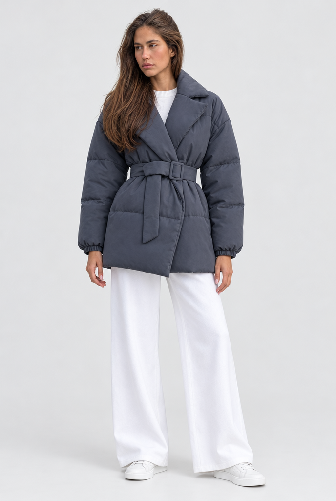Slate Grey belted wrap puffer jacket, full body