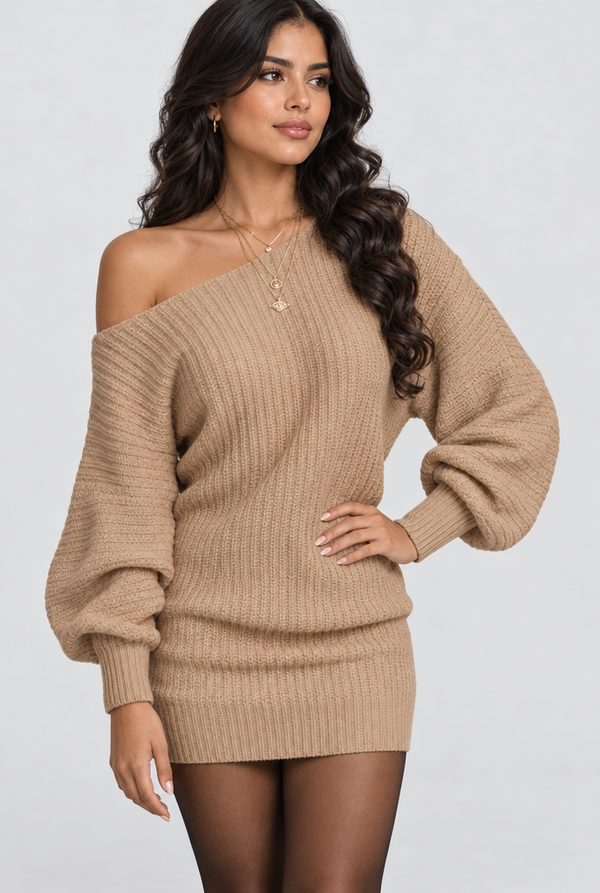 Robe pull épaules dénudées en maille côtelée