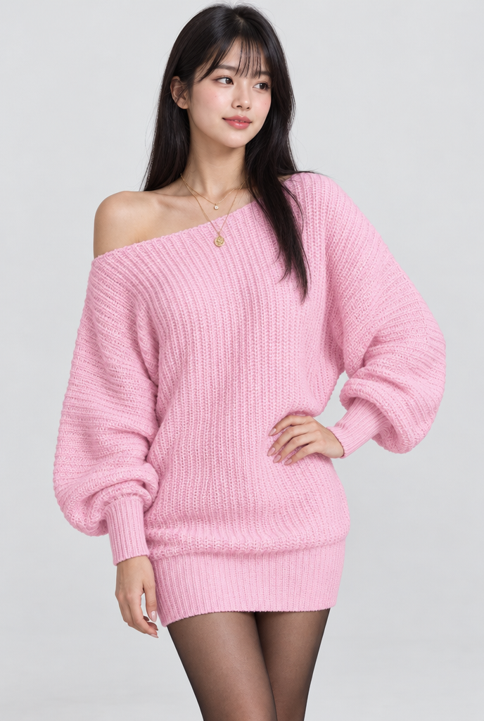 Blush Pink off-shoulder sweater dress, hero