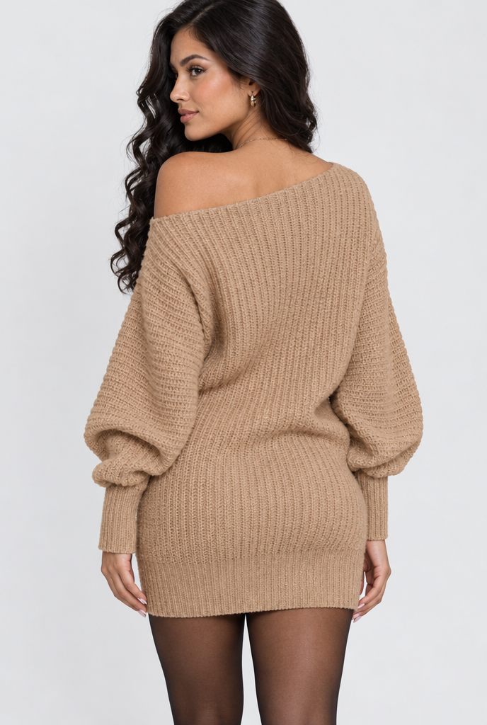 Camel off-shoulder sweater dress, back view
