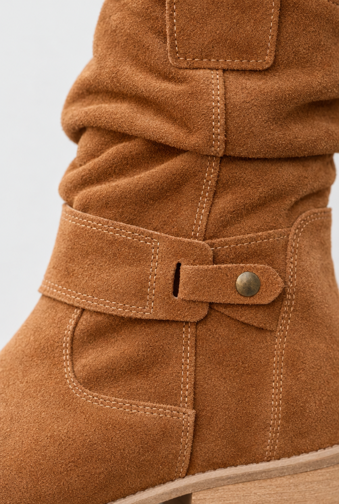 Bottes western mi-mollet souples à boucle — Cognac — gros plan matière