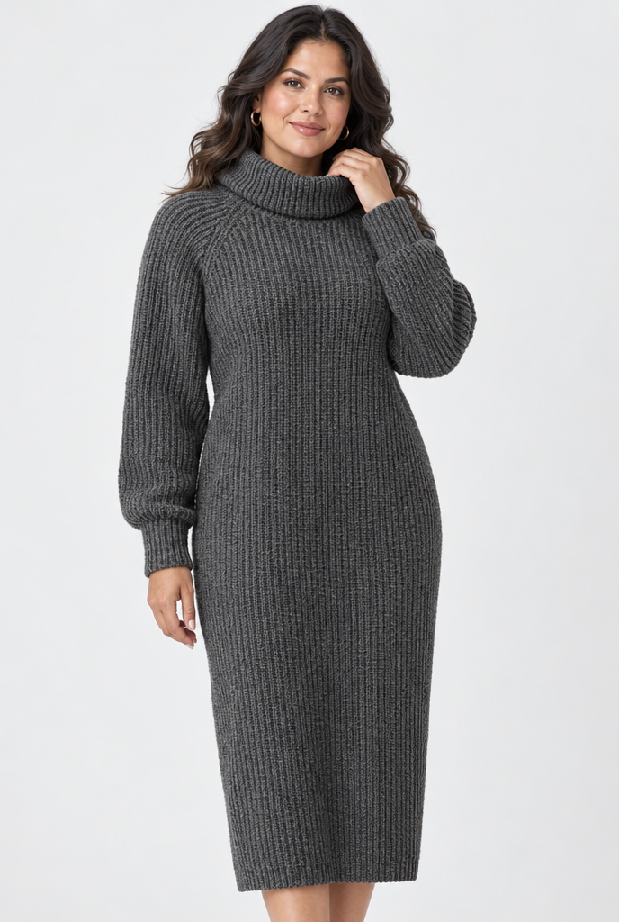 Robe pull longue col roulé en maille côtelée — Anthracite — studio