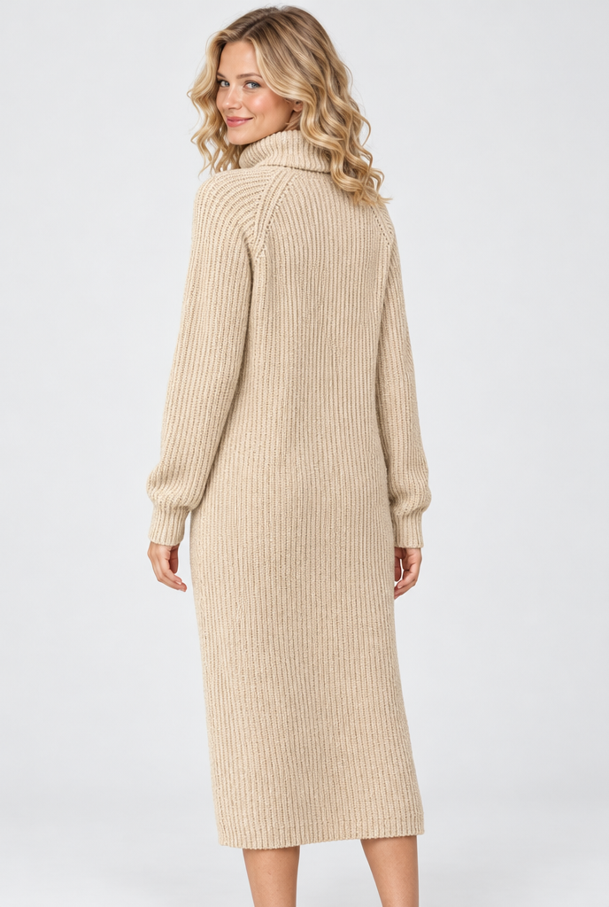 Oatmeal ribbed turtleneck sweater dress, back view