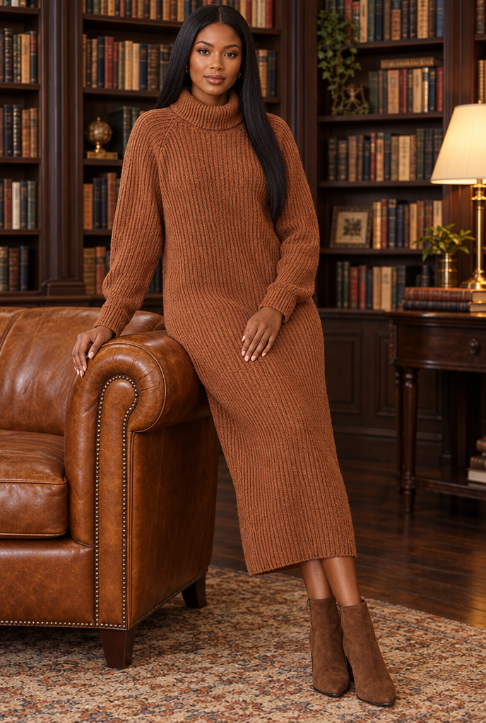 Robe pull longue col roulé en maille côtelée — Caramel — en situation