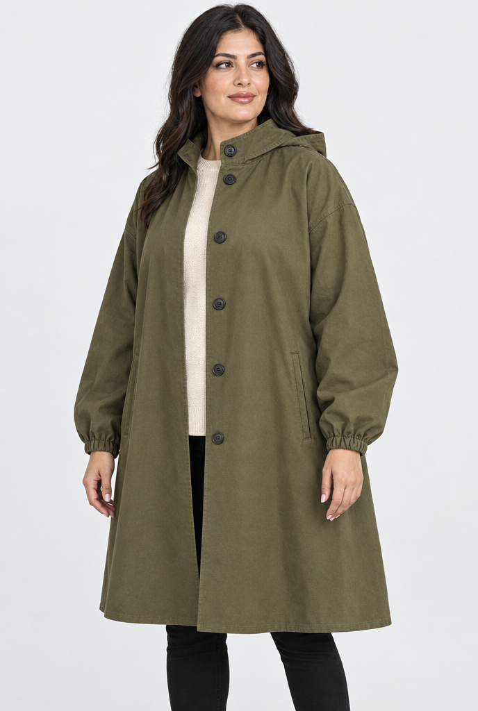 Olive oversized hooded utility coat, studio hero