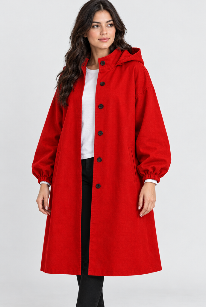 Manteau utilitaire oversize boutonné à capuche — Rouge — photo studio