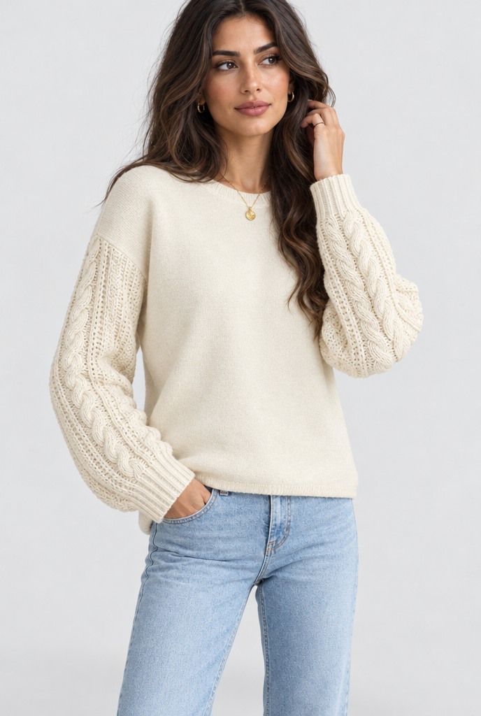 Cream cable-sleeve crew neck sweater, studio hero