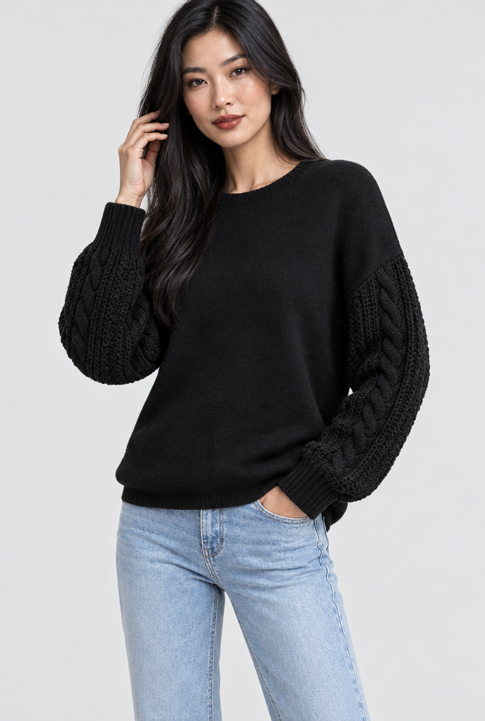 Black cable-sleeve crew neck sweater, studio hero