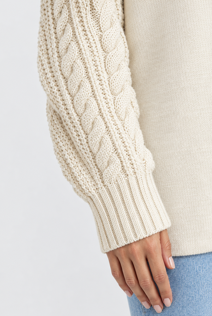 Pull col rond ample à manches torsadées — Crème — détail