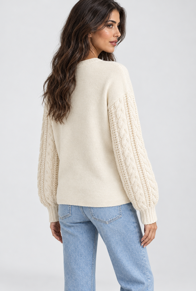 Cream cable-sleeve crew neck sweater, back view
