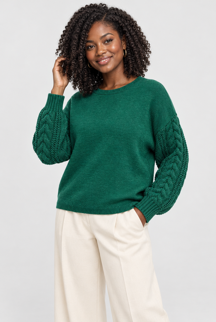 Emerald cable-sleeve crew neck sweater, studio hero