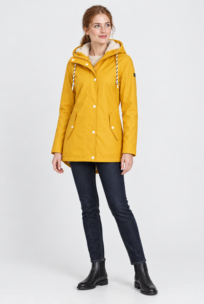 Veste de pluie à capuche doublée façon sherpa — Jaune tournesol — silhouette complète