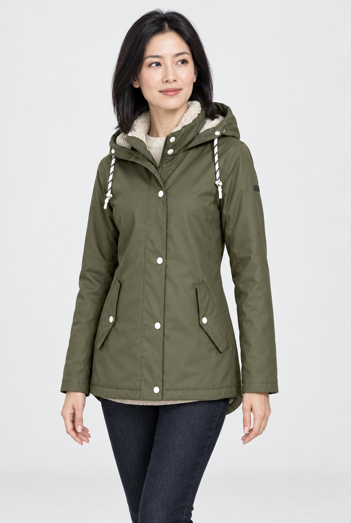 Olive sherpa-lined rain jacket, hero