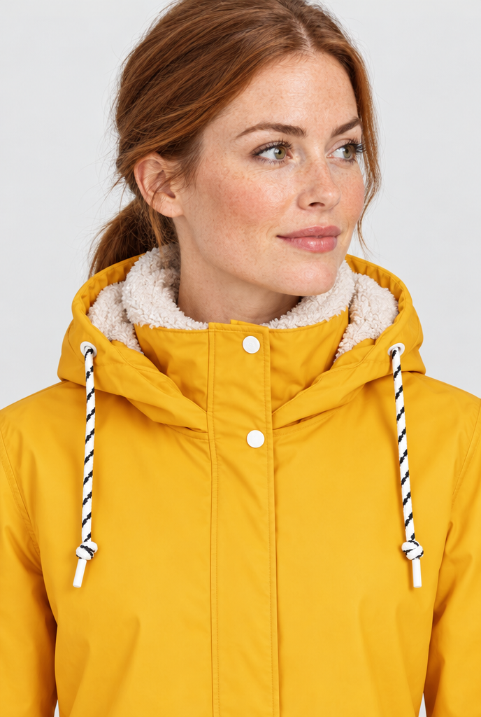 Sunflower Yellow sherpa-lined rain jacket, collar close-up