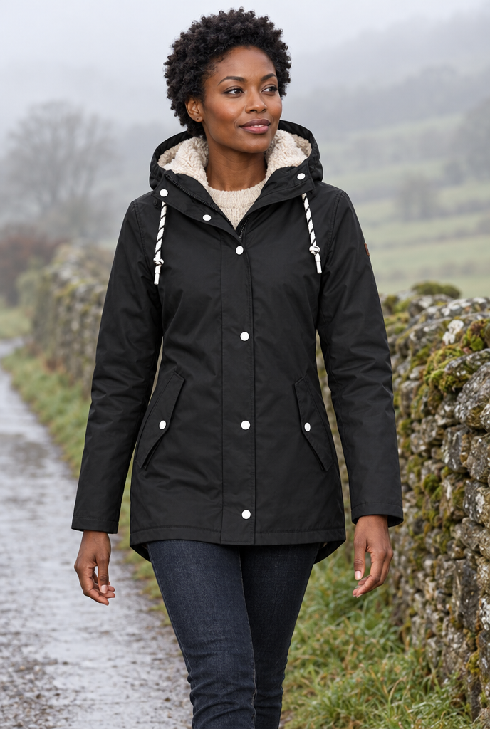 Veste de pluie à capuche doublée façon sherpa — Noir — en situation